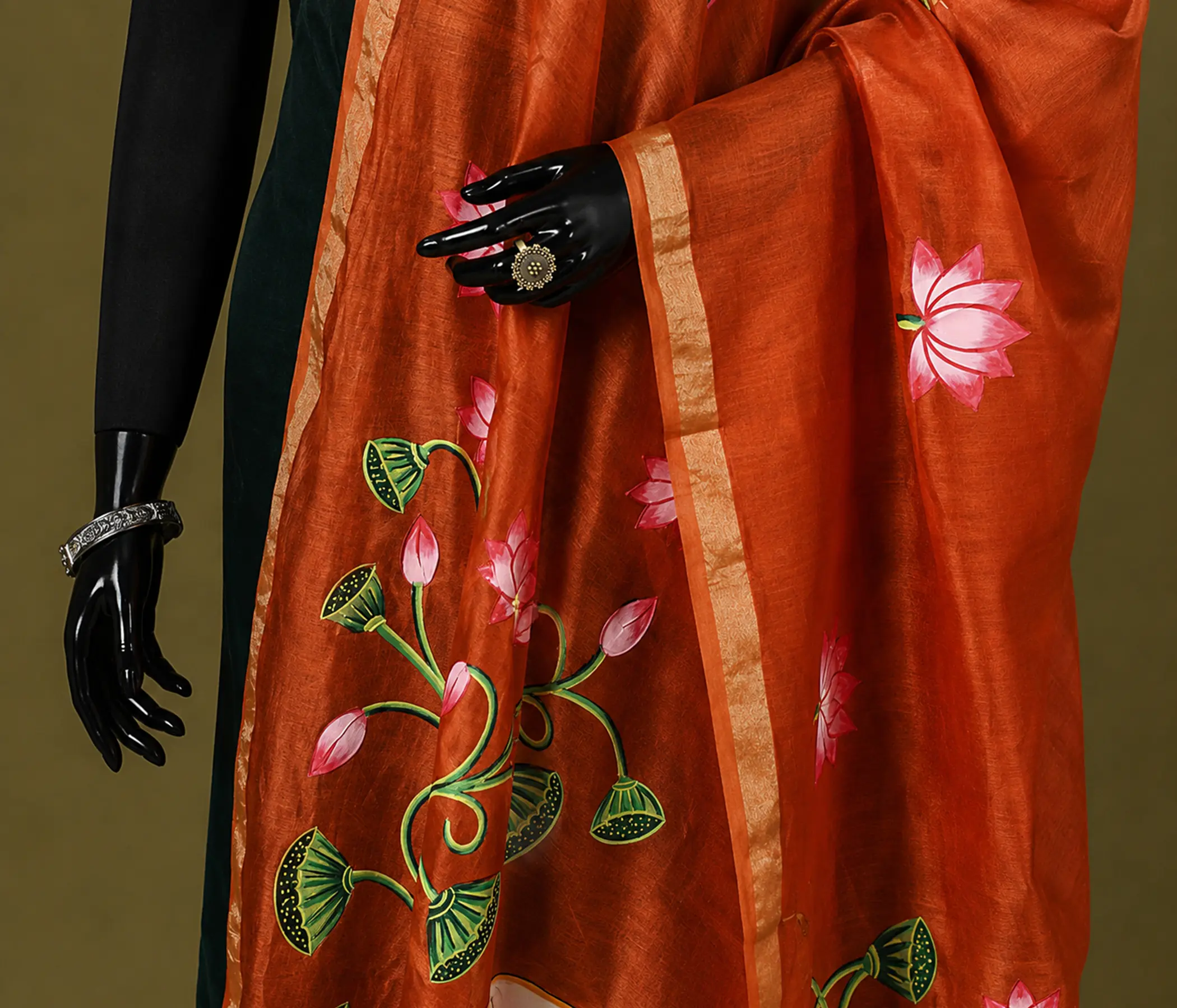 Hand-Painted Rust Orange Dupatta with Lotus and Pichwai Cow Art